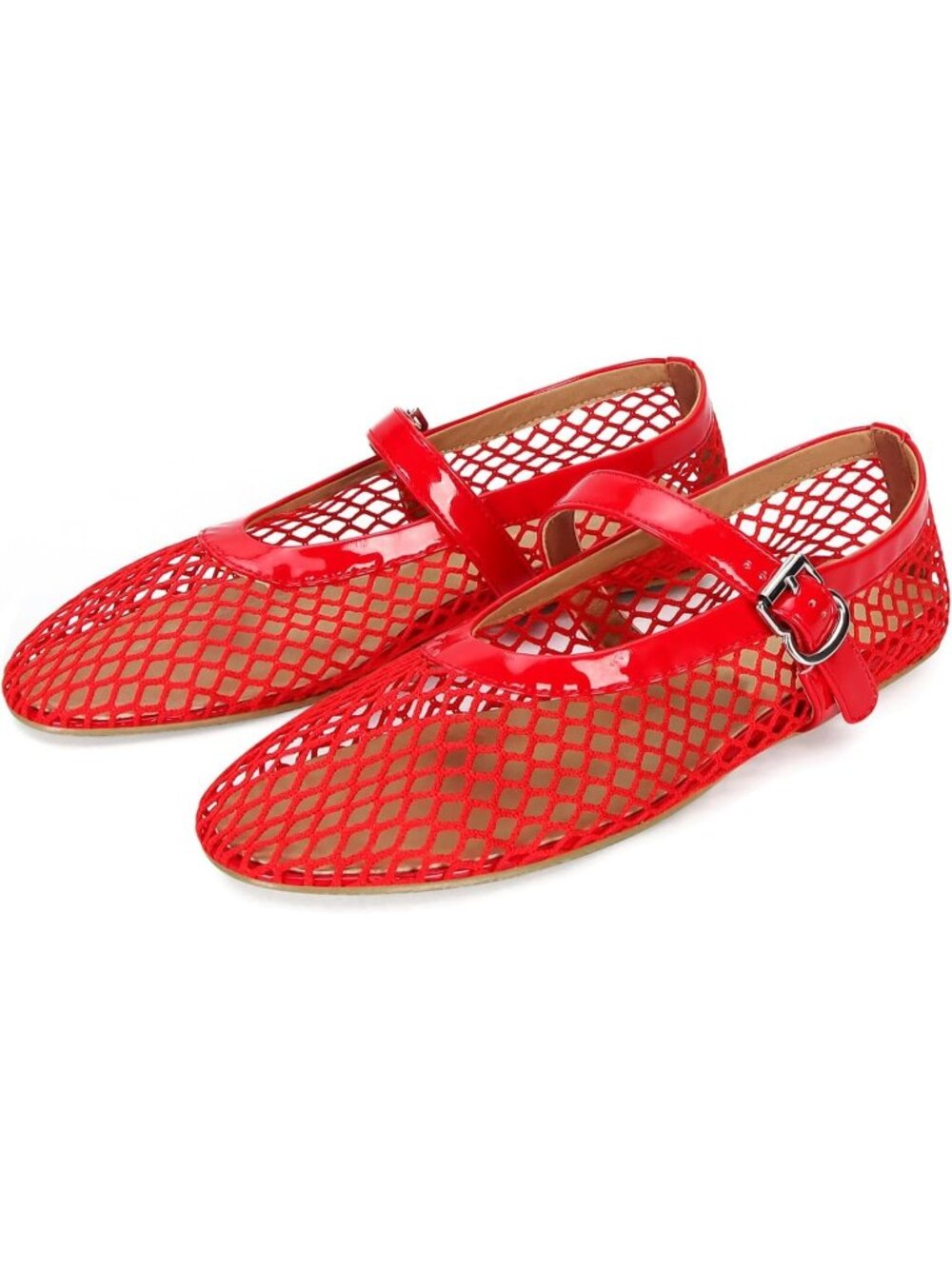 Women's Red Rubber Sole Casual Buckle Strap Comfy Fishnet Ballerina Flat Shoes
